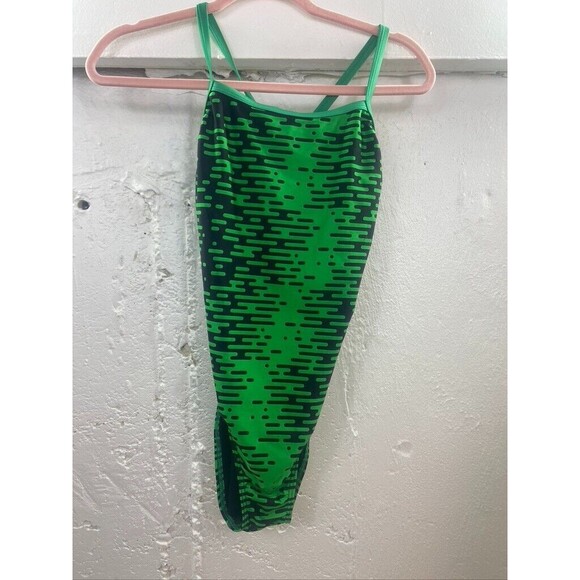 SPEEDO WOMENS SIZE 10/36 GREEN BLUE CROSS BACK ONE PIECE BATHING SUIT - Picture 1 of 3